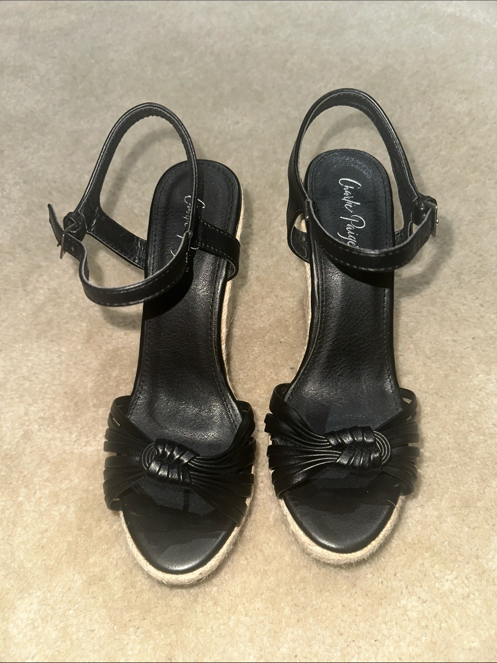 Charlie Paige Black Knotted Front Ankle-Strap Wedge Sandals
